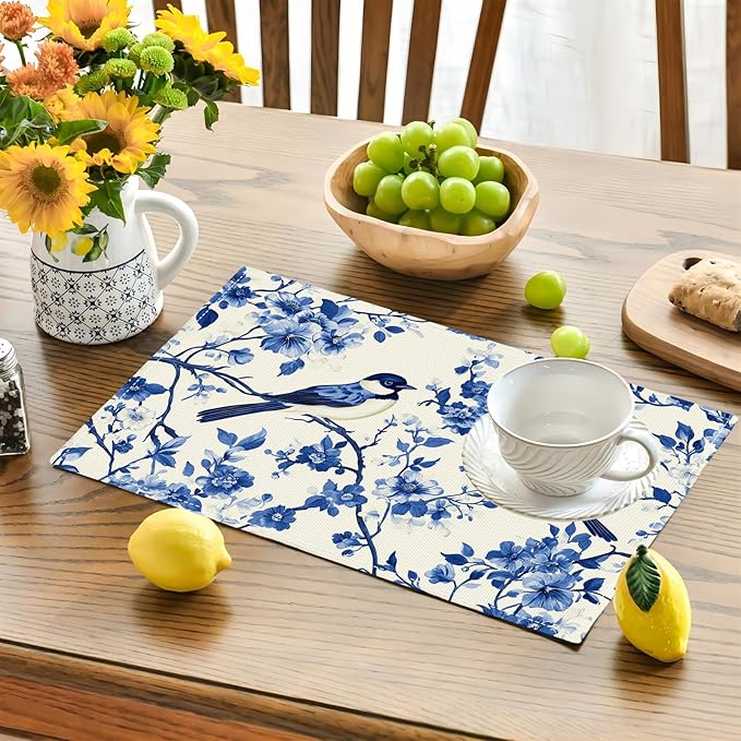 Flower Bird Placemats Set of 6, Blue Birds Place Mats,Blue and White Floral Waterproof Washable Table Mats for Home Party Indoor Kitchen Dining Table Decoration 12x18 Inch