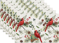 Red Cardinal Placemats Set of 6, Christmas Berry Bird Linen Place Mat Washable Stain Resistant Table Mats for Farmhouse Kitchen Dining Party Wedding Decor 12x18 Inch
