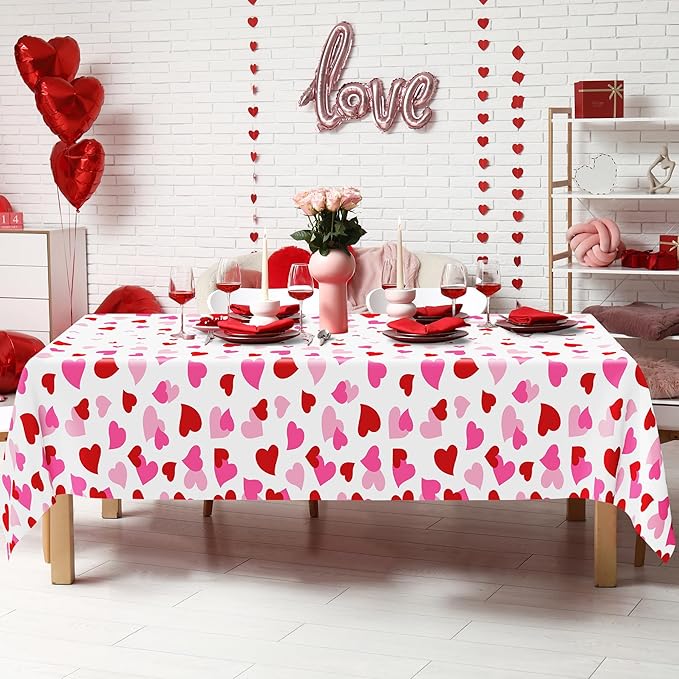 4 Pack Valentines Decorations, 108" X 54" Valentines Tablecloths, Heart-shaped Disposable Red Pink Tablecloths Love Plastic Table Cover, Galentines Decorations Party Supplies for Wedding Birthday