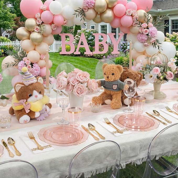 KIRE 210Pcs Clear Pink Plastic Plates with Gold Rim - Disposable Pink Plates&Silverware&Pink Cups&Hand Napkin - Plum Colored Plastic Dinnerware for Upscale Wedding/Valentine's Day