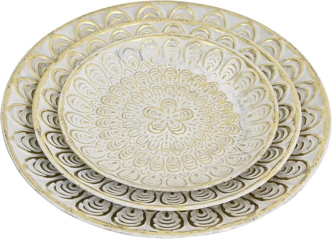 Rustic Round Decorative Tray Set of 3 Vintage Hammered Metal Trays Distressed Design Circle Candle Plate for Candle Coffee Entryway Table Kitchen Bathroom Wedding Party Counter Organizer Decor (White)