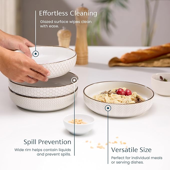 KooK Pasta Bowls, Ceramic, Embossed Serving Bowls For Stews and Salads, Large Capacity, Microwave & Dishwasher Safe, Ivory with Dark Copper Accents, Set of 4, 40 oz, Narbonne Collection