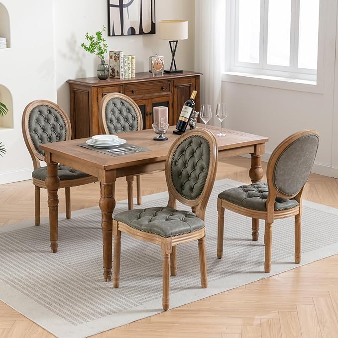 Vintage French Dining Chairs Set of 8, Round Back PU Leather Upholstered Side Chairs with Nailhead Trim and Solid Wood Frame, Sillas de Comedor for Dining Room & Kitchen, Olive Green