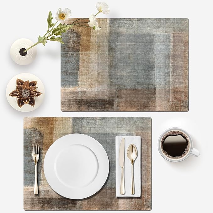 Mcalk Brown Table Runner and Placemats Set of 6, Abstract Grey Placemats, Modern Art Cloth Place Mats Indoor for Kitchen,Washable Linen Material for Dining Table