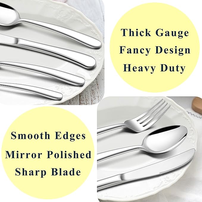 Herogo Heavy Duty Stainless Steel Silverware Set, 60-Piece Fancy Flatware Cutlery Set for 12, Modern Tableware for Home Restaurant Wedding, Heavy Eating Utensils, Mirror Polished, Dishwasher Safe