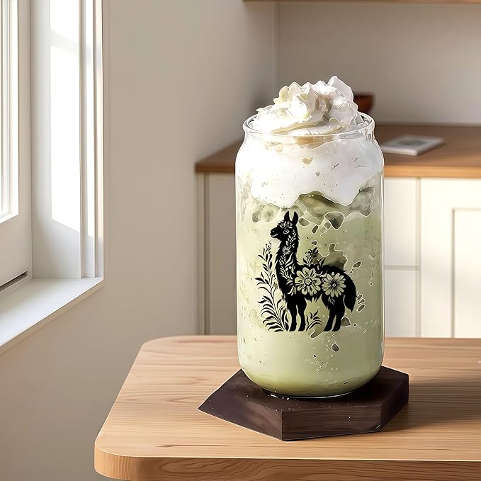 Cute Llama Glass Cup With Lids And Straws, Llama Gift For Women, Iced, Coffee, Smoothie, Cocktail, Beer, Whiskey, Soda, Matcha,16 Oz, Home Office Table Desk Decoration!