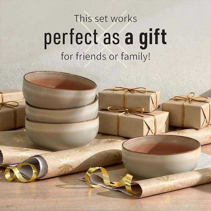 Stoneware Ceramic Cereal Bowls Set of 4, 21 oz | Lead-Free, Cadmium-Free | Microwave and Dishwasher Safe | For Soup, Salad, Rice, Dessert, Ice Cream | Nordic Design | Terracotta/Sage Ash