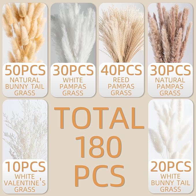 180PCS Natural Pampas Grass Mix Bouquet | Dried Pampas Bouquet for Wedding Boho Flowers Home Table Decor Desk Decor, Rustic Farmhouse Decor (180PCS)