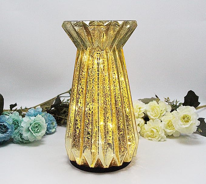 Home Decor, Mercury Glass Pillar Candle Pedestal Holders with 10 Led Lights, Lighted up Candle Holder for Pillar Candle, Candlestick Holders with Timer for Wedding Home Dining Table Xmas (Gold)