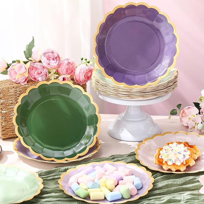 48 Pcs Sage Green Purple Paper Plates 9 Inch Lavender Scalloped Paper Disposable Dinner Dessert Plates for Birthday Wedding Bridal Party Supplies, 6 Colors