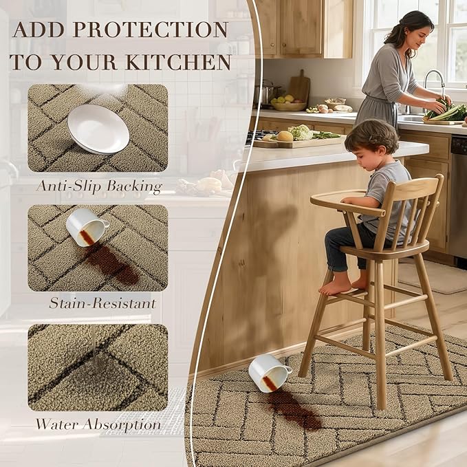 Kitchen Rugs,24" x 59" Non Slip Kitchen Mats for Floor-Thick Stain Resistant Kitchen Floor Mat Runner Carpet for Hallways Entryway Laundry Room Washable(Tan)