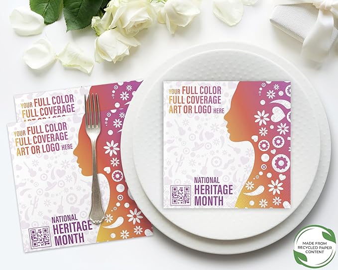 Custom Luncheon Napkins - Personalized Recycled Paper Content Napkins - Eco-friendly & Full-Color Digital Printed - Events & Celebrations - Pack of 50 - Diamond Edge Embossed Full Coverage, 6.5"x 6.5"