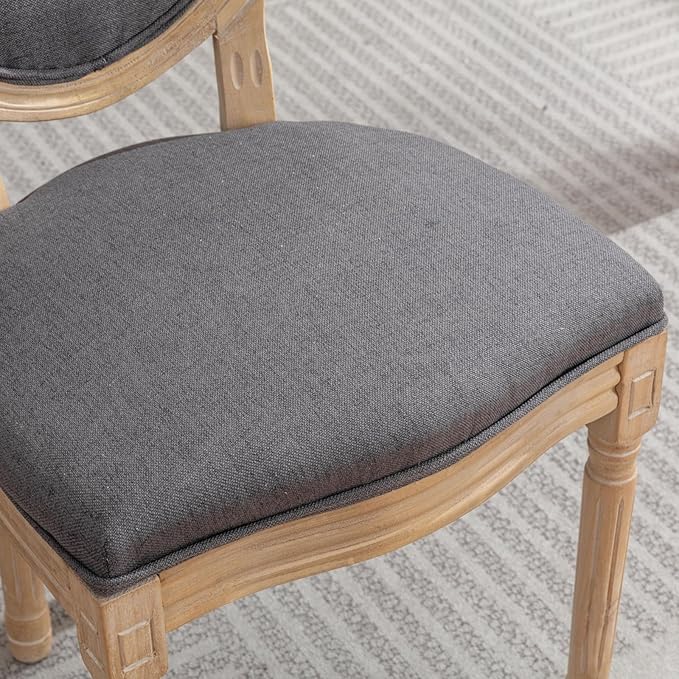 Ball & Cast French Vintage Upholstered Dining Chairs Set of 2, Farmhouse Antique Painting Wooden Kitchen Side-Chairs with Carved Solid Wood Frame, 2-Piece Curved Backrest Louis Chair, Linen Gray