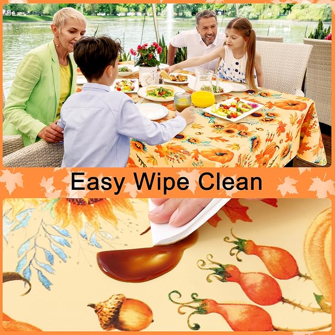 Smiry Fall Rectangle Table Cloth, Waterproof Vinyl Tablecloth with Flannel Backing, Wipeable Autumn Sunflower Plastic Tablecloths for Harvest and Thanksgiving Parties, (60"x120", Gold)