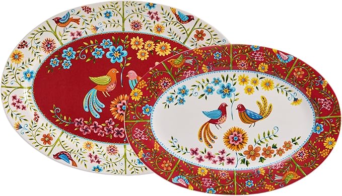 Bico Red Spring Bird 16 plus 14 inch Oval Platters Set, Set of 2, Microwave and Dishwasher Safe, for Serving Fish, Chicken, Turkey