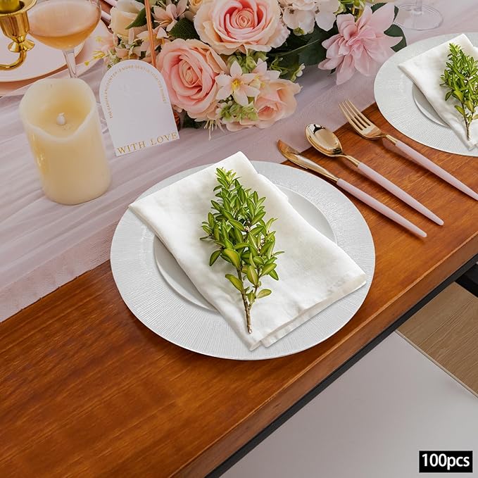 100 Pcs Antique Charger Plates Bulk, 13in Reusable Serving Plates Embossed Rim Plastic Party Dinner Plate Chargers Round Decorative Server Plate for Wedding Party Event Tableware