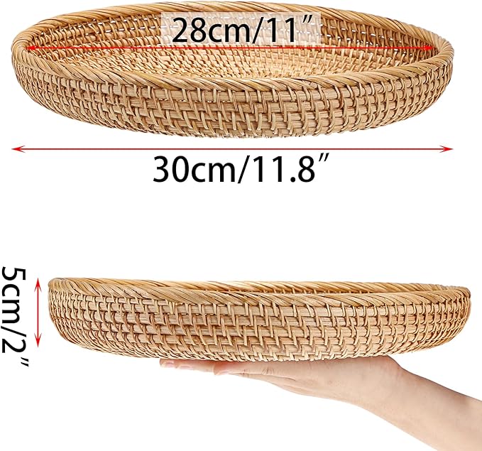 Hipiwe Round Key Basket Bowl for Entryway Table, 11.8" Large Rattan Tray Decorative Ottoman Trays Centerpiece for Coffee Table, Hand-Woven Fruit Basket Wicker Serving Trays