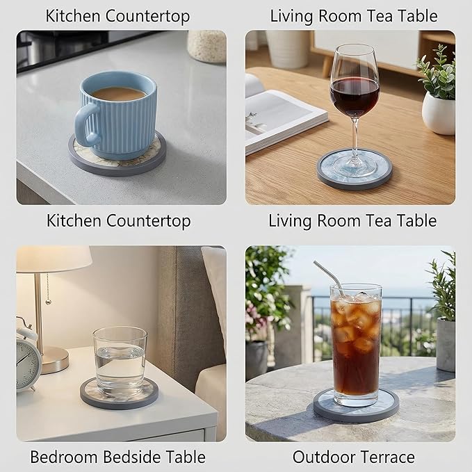 Absorbent Coasters for Drinks with Holder - 6packs, Silicone Coaster with Soft Felt Insert (4.3 inch Coasters with 4.5 inch Holder, Marble Style)