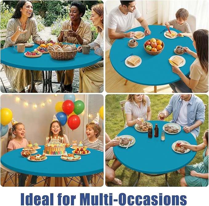 Round Spandex Tablecloth, Elastic Fitted Waterproof Tablecloths for 42"-50" Tables, Stretch Washable Picnic Table Cover for Camping, Dining, Indoor and Outdoor, Turquoise