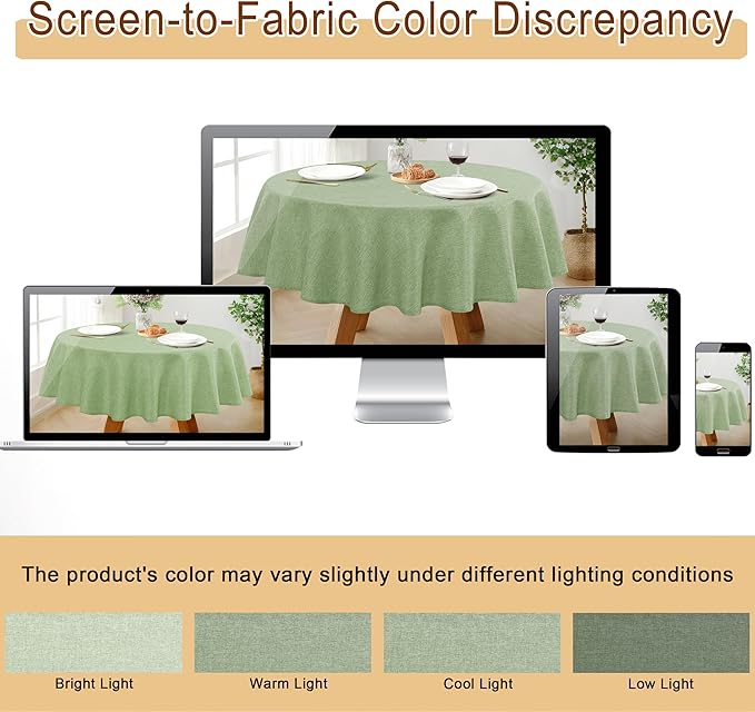 JIUZHEN Round Table Cloth Faux Linen Farmhouse Tablecloth Wrinkle and Stain Resistant Decorative Fabric Table Cover for Kitchen, Dining Room, Parties and Camping, Sage Green, 108 Inch Round