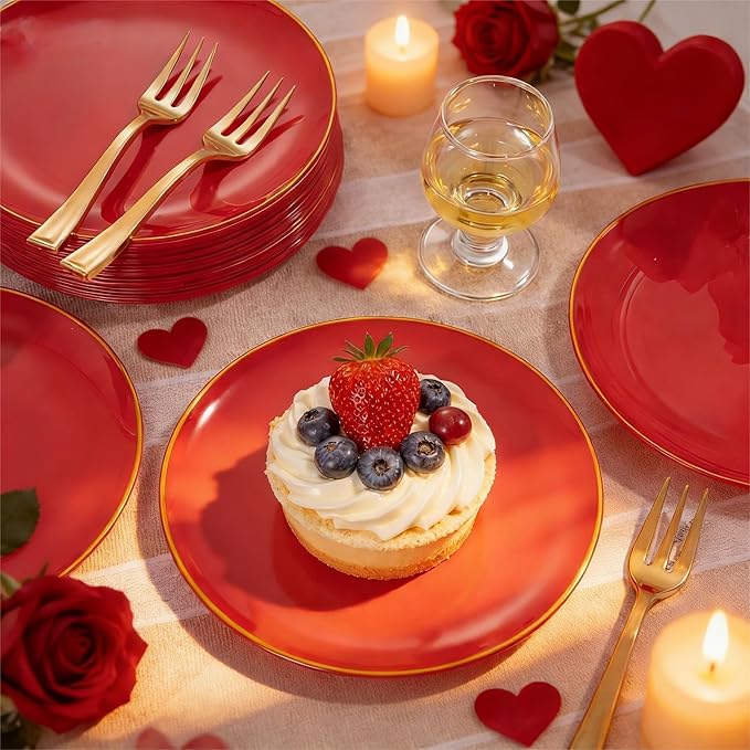 Festiva 200Pcs Red Gold Dessert Plates 6.3" with Plastic Forks 5"-Small Disposable Plates- Dessert/Cake/Appetizer Plastic Plates include 100Plates 100Forks for Birthday Party&Valentine's Day