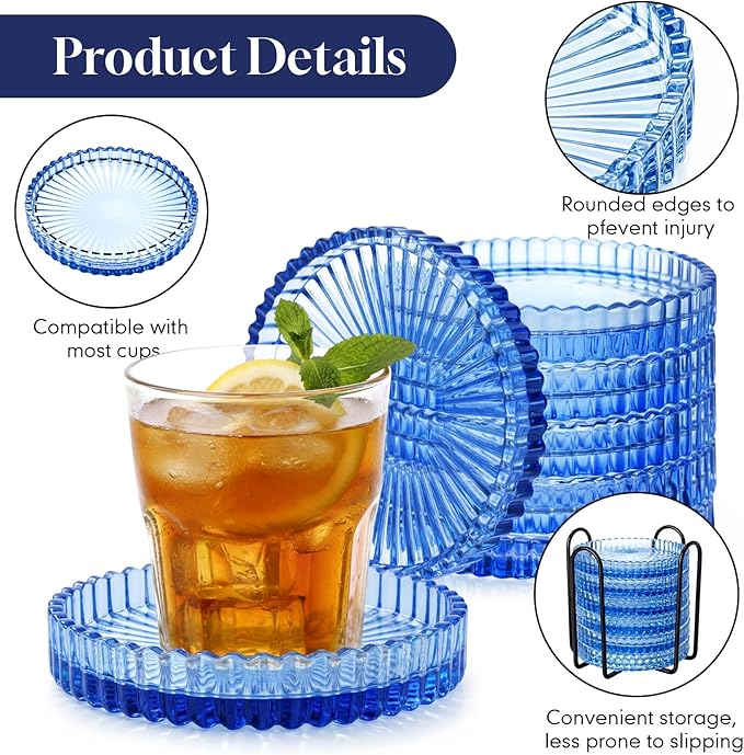 Remerry 6 Pcs Clear Crystal Coaster Set with Holder Glass Coasters for Drinks 4 Inch Drinks Crystal Round Cup Coasters Coffee Table Decor for Office Kitchen Bar Restaurant Patio (Blue)