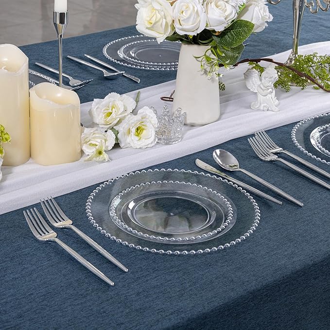 U-QE 60PCS Clear Plastic Plates - Fancy Beaded Plates Disposable Heavy Duty - Premium Hard Plastic Plate for Party, Wedding & Birthday Including 30 Dinner10 & 30 Dessert Plate 7"
