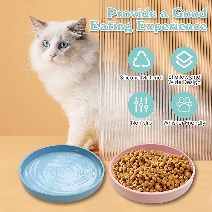 Silicone Cat Food Bowl Shallow Dishes 5.9in Wide Cats Bowls Set of 2 Kitty Plates Relief Whisker Fatigue Puppy Feeding Bowl for Dry Food and Wet Food Indoor (Round Blue)