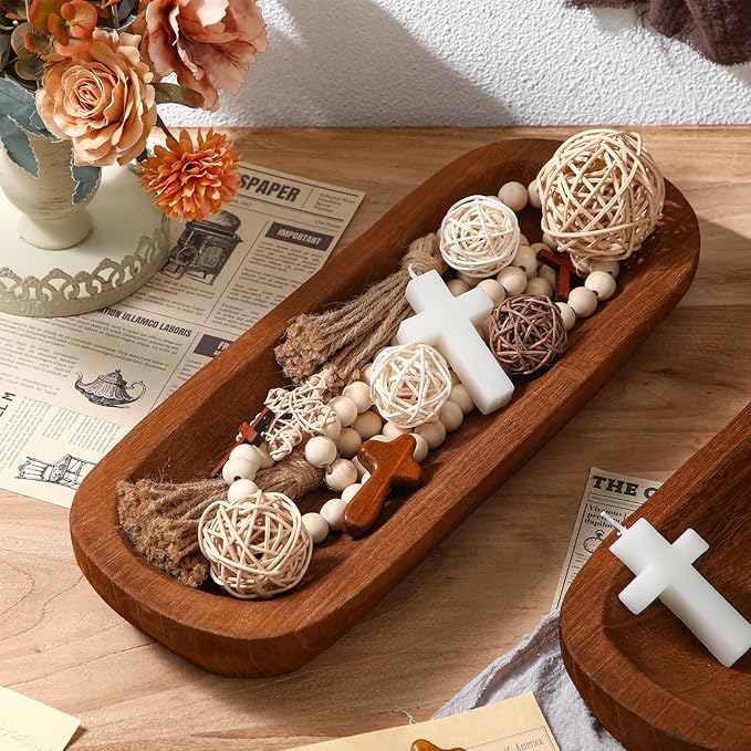 4 Pcs Wooden Dough Bowl Wood Decorative Rustic Wooden Bowls Table Centerpiece for Living Room Home Dining Room Kitchen Decoration(Brown,16' X 6'' X 2'',Classic)