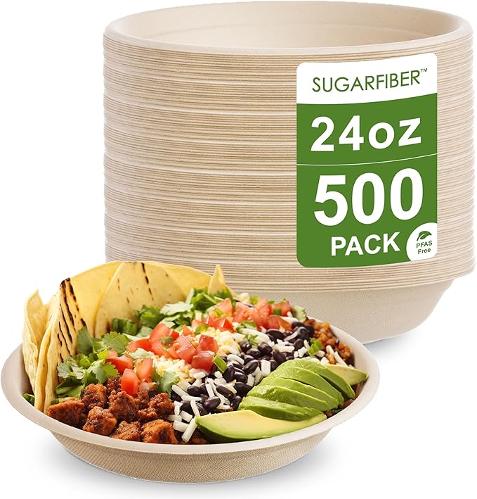 [500 COUNT]Harvest Pack PFAS FREE 24oz Compostable Bowls, Round Soup Paper Heavy-Duty Eco-Friendly Disposable Bagasse Bowl, sugarcane made plant fibers for Meal Prep