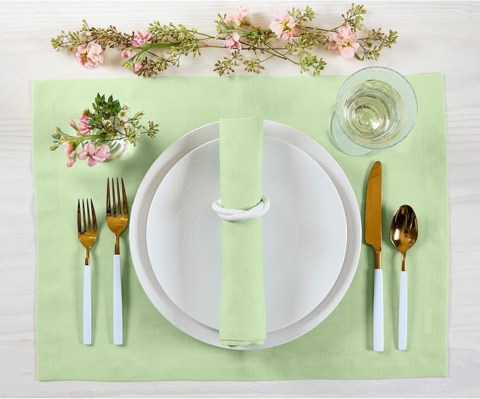 Solino Home Linen Cloth Placemats Set of 4-100% Pure Linen Pastel Green Placemats 14 x 19 Inch for Spring, Easter, St Patricks Day - Fete
