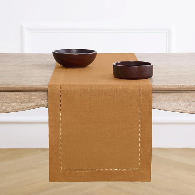 Solino Home Linen Table Runner 60 Inches - 100% Pure Linen Brown Sugar Hemstitch Table Runner 14 x 60 Inch Ideal for Dresser and Coffee Tables - Classic Hemstitch