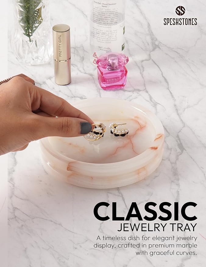 Marble Jewelry Dish for Women 5 Inch Handmade White Onyx Stone Holder for Ring & Necklace - Decorative Trinket Tray, Key Bowl & Candle Plate for Vanity Decor Accessories & Gifts