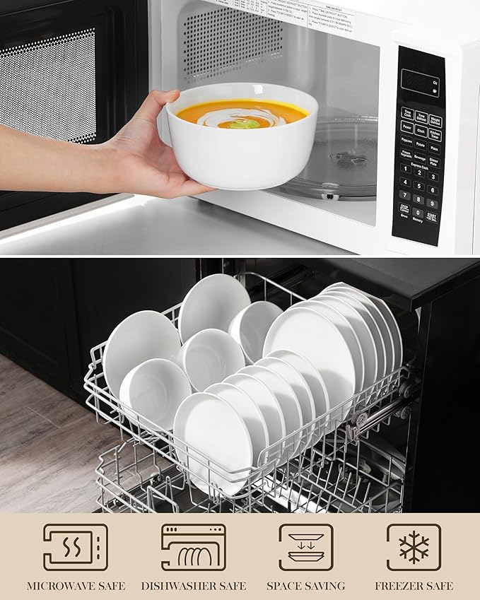 MALACASA 24 Pieces Gourmet Porcelain Dinnerware Sets, Premium Plates and Bowls Set, High-Fired Ceramic Dishes Set for 6, Chip & Scratch Resistant, Microwave Dishwasher Safe, White, Series LEXI