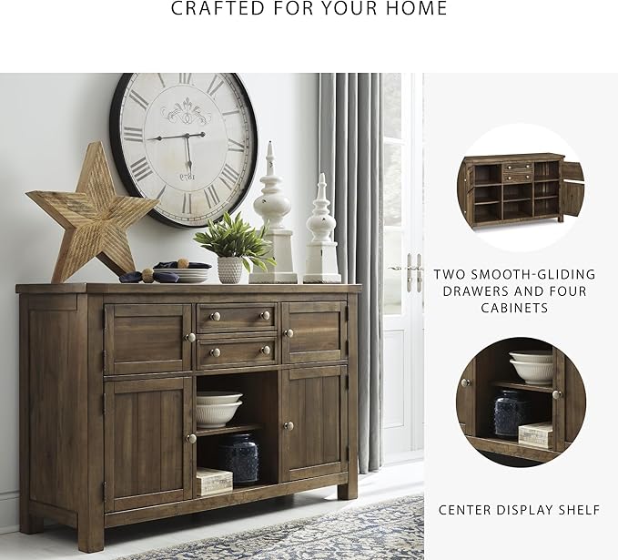 Signature Design by Ashley Moriville Vintage Casual Dining Room Buffet or Server with 4 Cabinets & Center Display Shelf, 2 Drawers, Wood, 56" Wide, Brown
