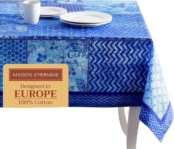 Maison d' Hermine Table Cloth Rectangle Table 100% Cotton 70 x 120 Inches Tablecloth Reusable Decorative for Dining Room Farmhouse Home Valentines Day Decorations Spring Summer - Indigo Love