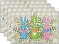Easter Placemats Set of 4，Bunny Rabbits Green Leaves Table Kitchen Mat 12x18 Inch Floral Spring Decor Holiday Table Mats for Seasonal Party Kitchen Dining Decoration