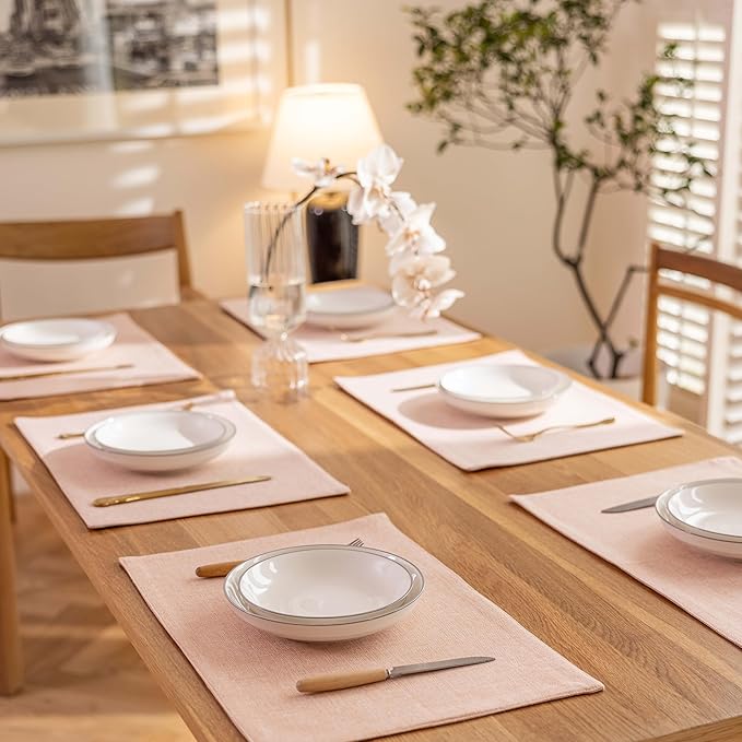 Demetex Pink Valentine Placemats Set of 6 Heat Resistant Linen Place Mats Washable Cloth Plate Mats for Dining Party Banquet Table Decorations, 13 x 19 inch, Pink