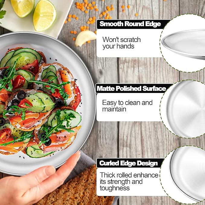 E-far 6-Piece Stainless Steel Plates, 9 Inch Metal Dinner Plates Dishes for Home, Picnic, Outdoor Camping, Healthy & Non-Toxic, Shatterproof & Dishwasher Safe