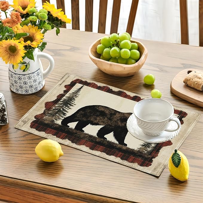 Bear Placemats Set of 6, Farmhouse Cabin Place Mats, Country Rustic Wild Animal Waterproof Washable Table Mats for Home Party Indoor Kitchen Dining Table Decoration 12x18 Inch