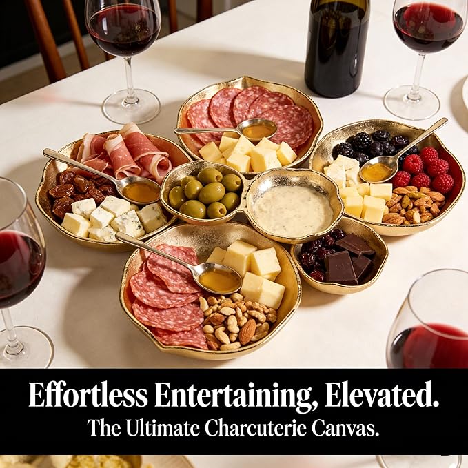 Cluster Serving Tray for Charcuterie – 9 Piece Decorative Bowls Set for Entertaining, Elegant Appetizer Platter with Connected Snack Bowls, Modern Luxury Centerpiece (Gold)