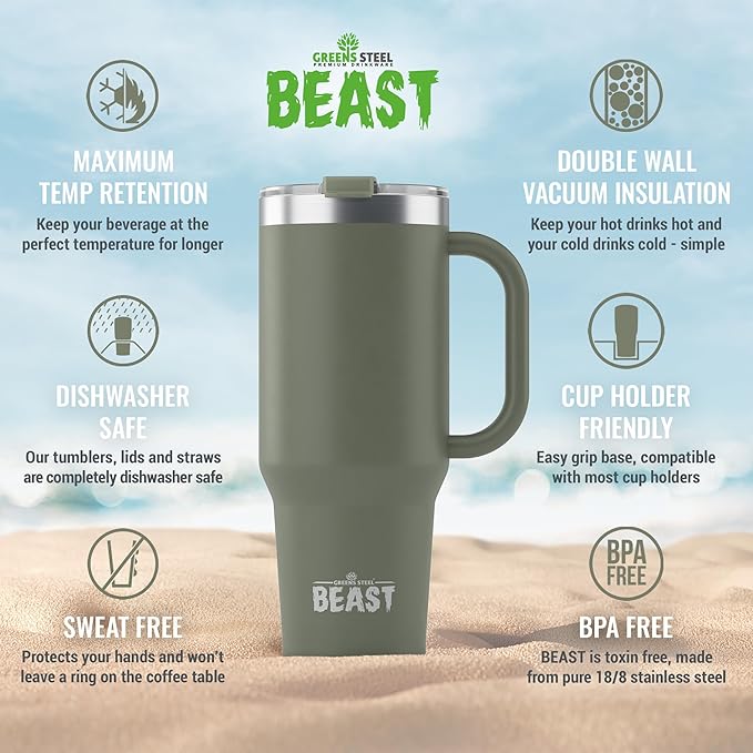 Beast 50 oz Tumbler with Handle Stainless Steel Vacuum Insulated Coffee Ice Cup Double Wall Travel Flask (Army Green)