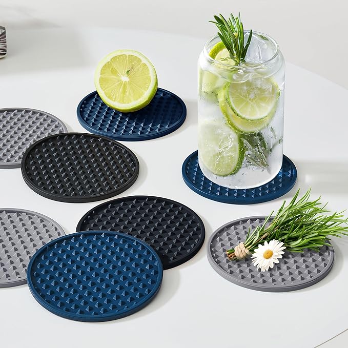 Coasters for Drinks, Silicone Coasters Set of 12 with ABS Holder, Outdoor Coaster for Coffee Table, Non-Slip Rubber Table Cup Mat Desk, Heat Resistant & Scratch-Proof (Grey)