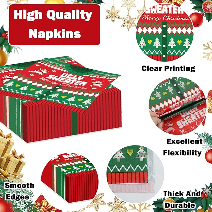 200 Pcs Christmas Ugly Sweater Party Supplies Paper Plates Napkins Xmas Tacky Sweater Tableware Party Decorations Favors for Xmas Birthday Winter Holiday Serves 50