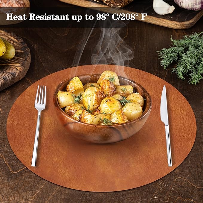 Round Placemats and Coasters Set of 8, Washable Reversible Faux Leather Placemats Cowhide Pattern Place Mats Wipeable Non-Slip 15 inch Round Kitchen Dining Table Mats (Gray Brown, 8)