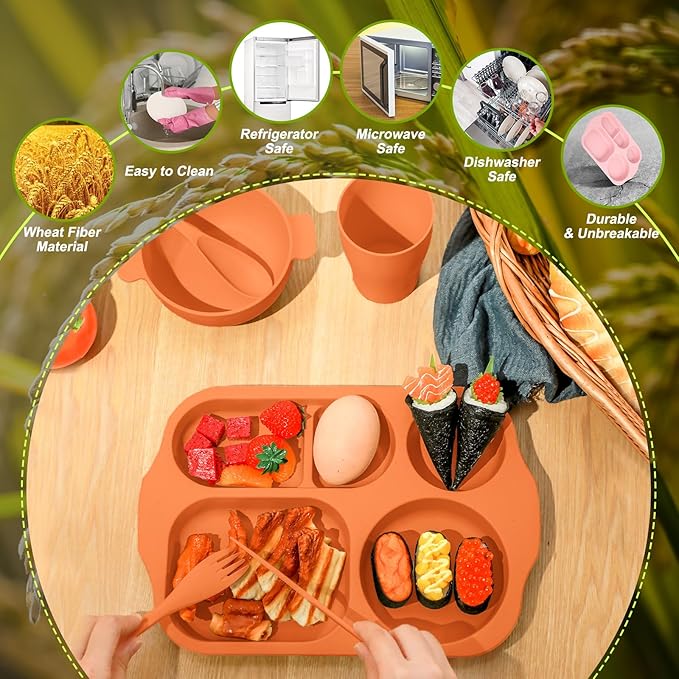 Tanlade 24 Pcs Wheat Straw Dinnerware Cutlery Sets, Divided Plates Unbreakable Bowl Microwave Dishwasher Safe Tableware Cutlery Spoon Knife Fork Cup(Orange, Yellow, Beige, Green)