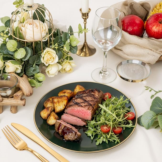 WDF 150Pcs Green Plastic Plates - Green Plates Disposable with Gold Rim - 25Guest Disposable Dinnerware Include 50 Plastic Plate, 75 Gold Cutlery & 25 9oz Cups for St. Patrick's Day