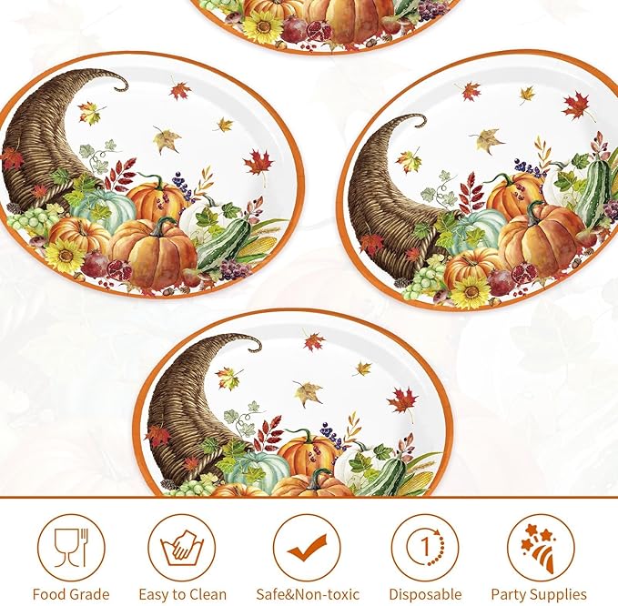 Grencian 50Pcs Thanksgiving Oval Paper Plates Thanksgiving Harvest Plates 10" X 12" Large Disposable Fall Pumpkin Cornucopia Platter Rustic Farmhouse Tableware for Autumn Harvest Party Decorations
