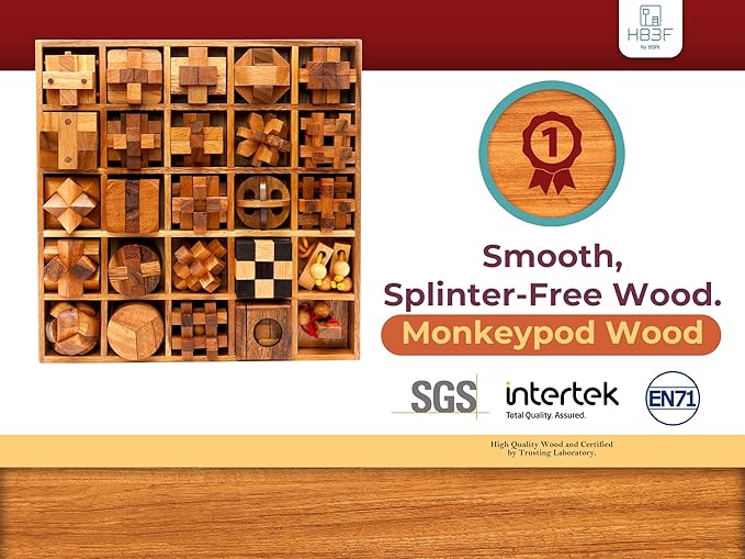 BSIRI 25 in 1 Wooden Brain Teaser Puzzles for Adults and Teens or Kids Interlocking 3D Mini Wood Mind Games Hand and Mind Puzzle Teasers Assembly & Disentanglement Set Toys Coffee Table Games Gift