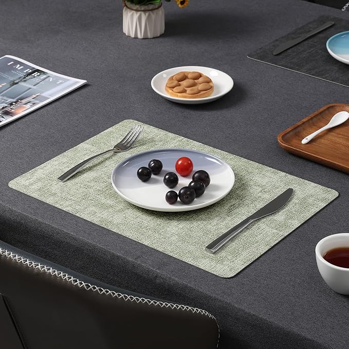 Myir JUN Placemats Dual Sided, Faux Leather Place Mats Set of 8 Indoor Placemats for Dining Table Non-Slip Washable Placemats Heat Resistant Outdoor Table Mats (Set of 8, Gray Grass Green)